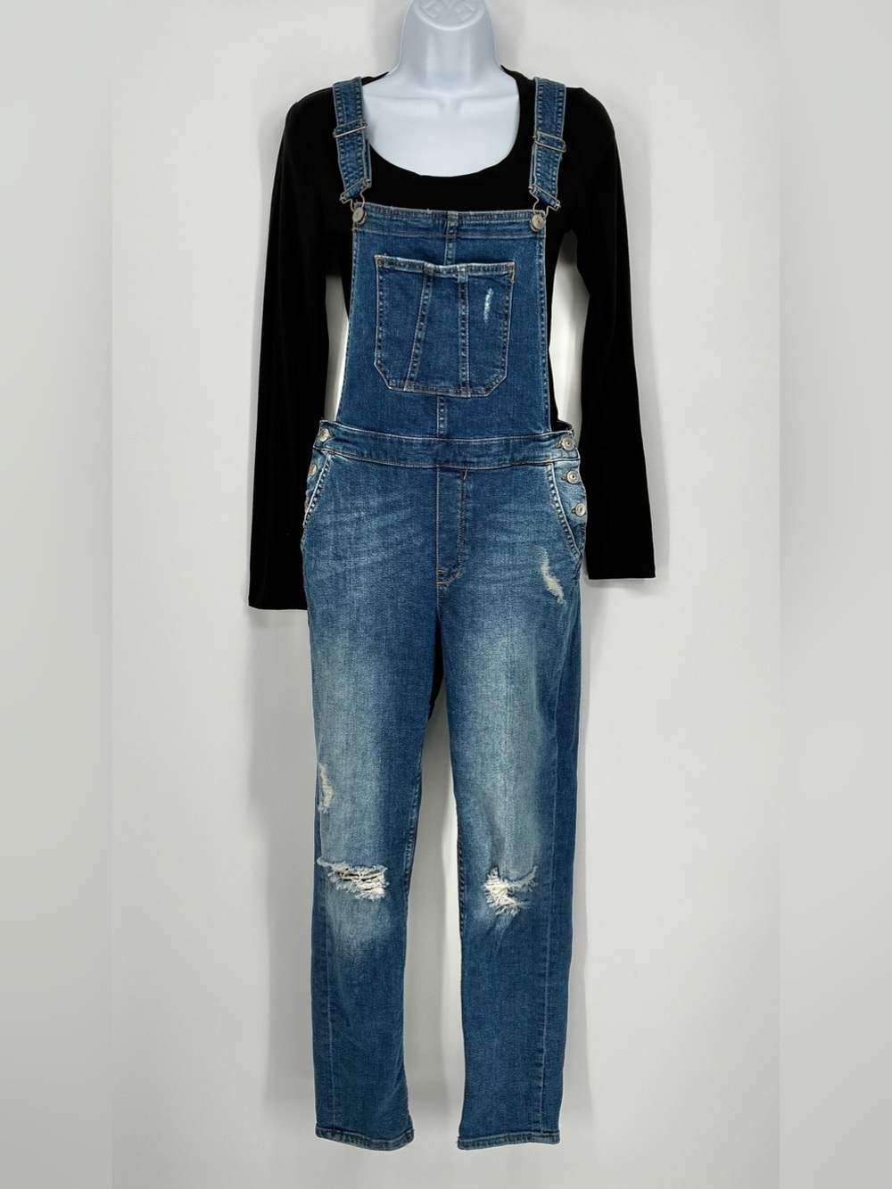 H&M Divided Distressed Denim Overalls Medium Wash Full Lengthyt Size 8